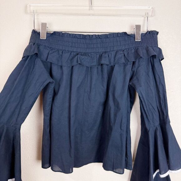 Misa Navy Off Shoulder Cotton Blouse Top Flared Sleeves Small - Picture 3 of 7